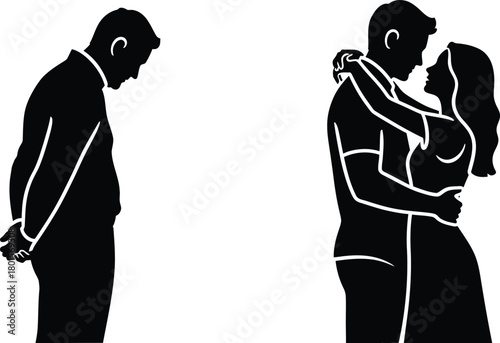 Silhouette of a sad man and a couple embracing each other