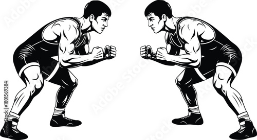 Two wrestlers facing each other in a ready stance illustration