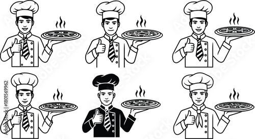 Six chefs holding pizzas giving thumbs up in black and white
