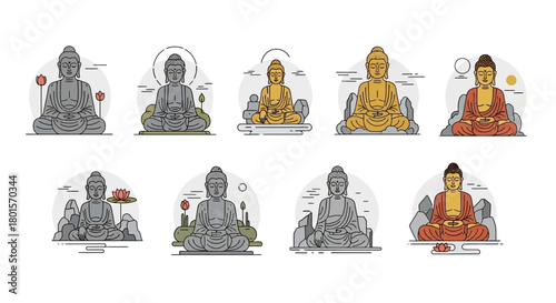 A collection of ten diverse illustrations depicting Buddha statues in various meditative poses and styles, featuring different colors and backgrounds.