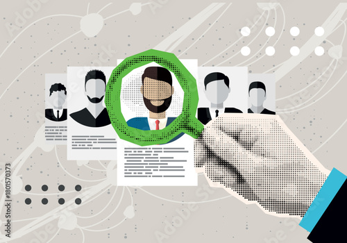 Trendy Halftone Collage with line. Template for banner, poster, applying for job, giving CV, job competition. Vector illustration. Contemporary art. Vector