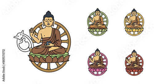 Buddha meditating on a lotus flower with a Dharma wheel, accompanied by a deer, in various color illustrations.