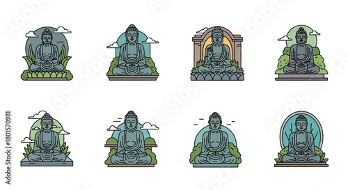 Eight illustrations of Buddha statues in various meditative poses and settings, depicting spiritual and cultural themes.