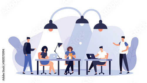 Digital illustration of diverse coworkers collaborating late into the evening in a modern office environment highlighting teamwork and dedication