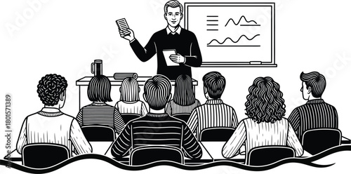 Illustration of a teacher lecturing to a class of students