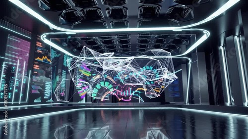 Futuristic digital environment showcases advanced data visualization in a sleek tech space