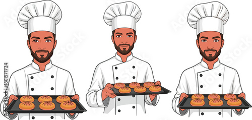 Three chefs holding trays of baked goods in a cartoon style