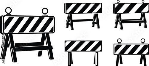 Illustration of five black and white striped road barriers