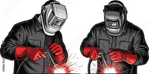 Two welders with masks and gloves welding with bright sparks