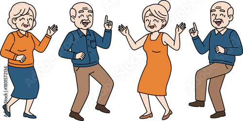 Four cartoon elderly people dancing and smiling on white background