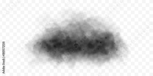 Black smoke cloud, dark ominous fog texture on white transparent background