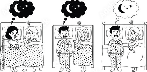 Three couples in beds with different night time thought bubbles