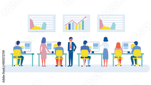 Flat illustration of a diverse group of employees working together in a modern corporate office setting showcasing teamwork and collaboration
