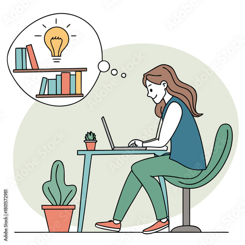 Business woman cartoon vector illustration of a girl working on a laptop computer at an office desk