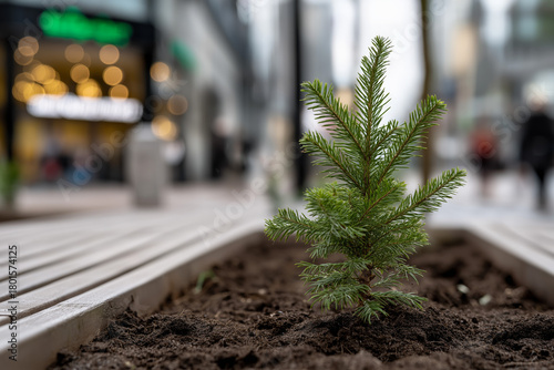 Fototapeta Naklejka Na Ścianę i Meble -  Young pine tree in urban environment with soft focus background