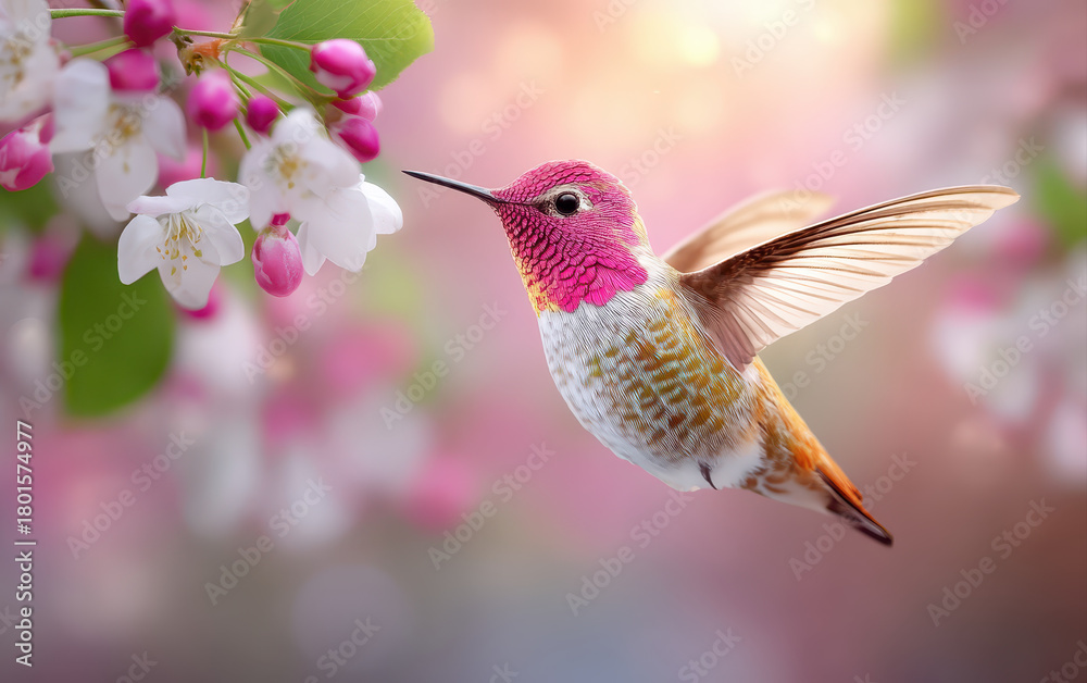 Obraz premium Vibrant hummingbird hovers near delicate pink and white flowers, showcasing beauty of wild animals in nature. scene captures essence of spring with soft bokeh in background