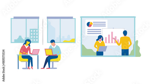 Modern flat illustration depicting diverse employees collaborating and working together near large windows in a bright contemporary office environment showcasing teamwork and productivity