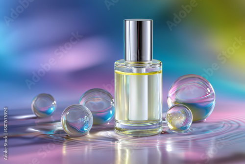 Elegant perfume bottle with shimmering bubbles on multicolored background