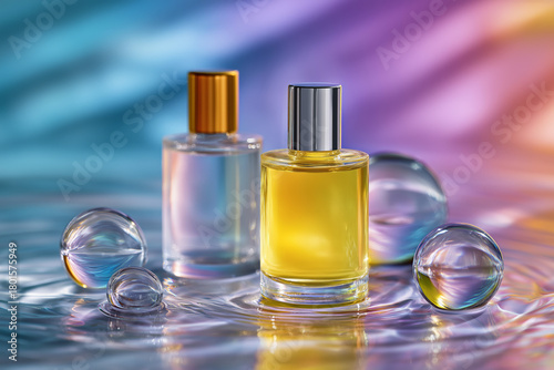 Colorful perfume bottles on rippled water surface with light reflections