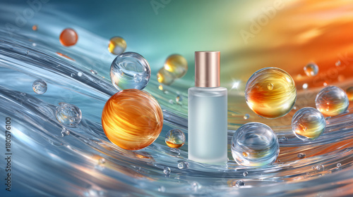 Luxurious perfume bottle amidst vibrant, colorful bubbles