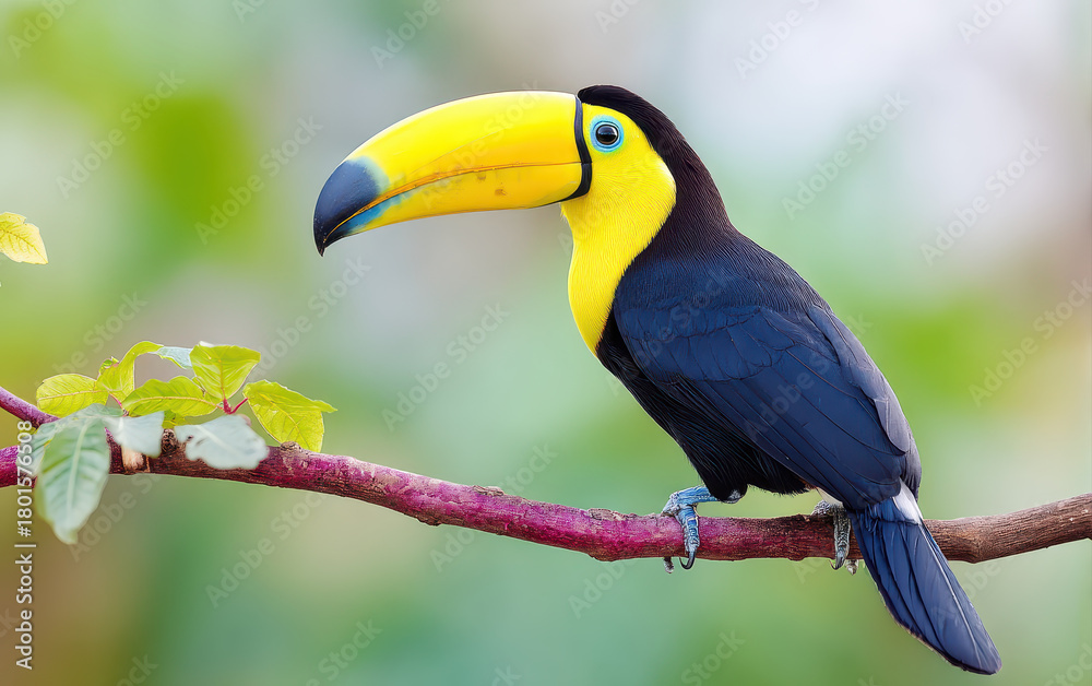 Naklejka premium Vibrant wild animal perched on branch showcases its striking yellow and black plumage. This beautiful bird captivates with its large colorful beak and lively presence in nature