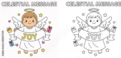 Celestial Message Adorable Angel Holding JOY Banner with Gifts and Hearts Heavenly Holiday Illustration