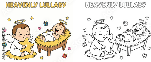 Heavenly Lullaby Angel and Baby Jesus Christmas Coloring Page and Colored Art