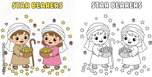 Star Bearers Shepherds with Stars Christmas Coloring Page and Colored Version