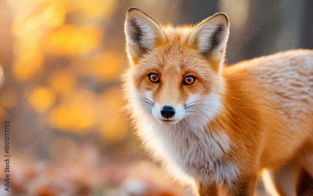 Fototapeta premium Beautiful wild fox stands gracefully in forest, showcasing its vibrant orange fur and striking eyes. This captivating animal embodies essence of nature beauty and wild spirit