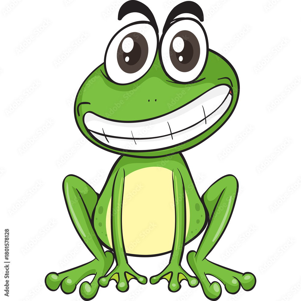 Fototapeta premium Cartoon Green Frog With Big Grin And Wide Eyes Sitting Happy Expression Isolated On White Background Simple Illustration