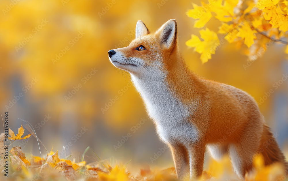 Fototapeta premium Wild fox stands gracefully amidst vibrant autumn leaves, showcasing its striking orange fur and keen expression. This scene captures beauty of wild animals in nature embrace