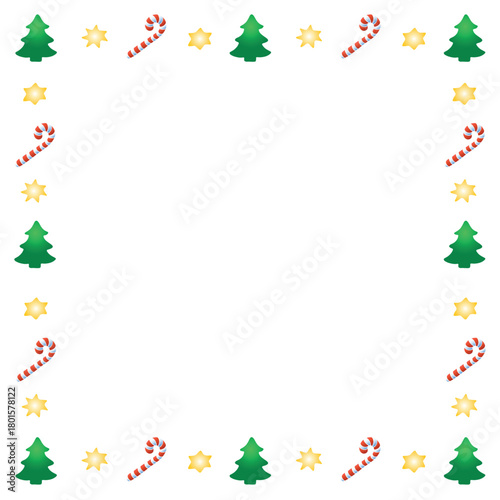 Vector frame of candy canes, stars, Christmas trees. New year Xmas background, border for winter holidays decor, greeting cards