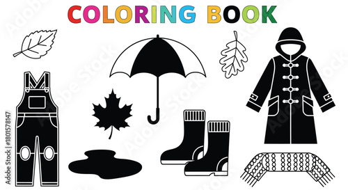 Autumn coloring book page with leaves umbrella and rain clothes set