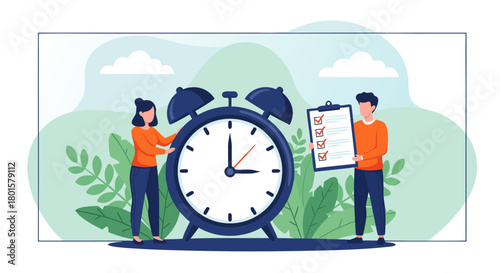 Business meeting about time management and planning using a checklist and a clock in a modern flat design with natural elements on background