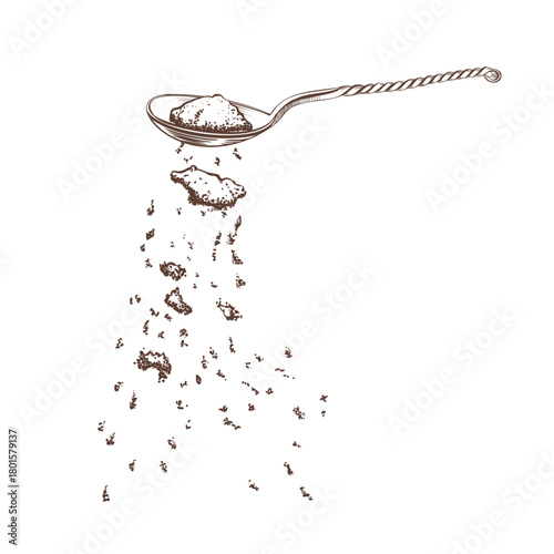 Metal teaspoon with twisted graceful handle with flying sprinkles of ground coffee as a piece of kitchen utensils and a symbol of coffee drinking.Vector illustration in minimalistic line art style