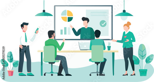 Flat vector illustration of an entrepreneur passionately presenting a new business idea to an audience symbolizing innovation and growth