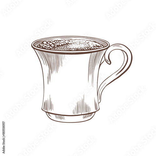 Coffee cup with black coffee and foam in elegant black and white vector style.Classic ceramic porcelain with eastern slender handle.For cafe logos,menu design,and food-related branding projects