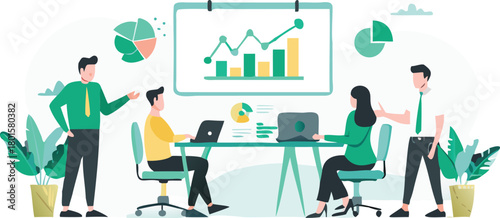 Diverse group of business professionals collaborating and analyzing financial reports in a modern office setting presented in a clean flat vector illustration style