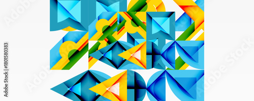 Abstract geometric composition. Bright colors intersect, creating dynamic visual texture. Shapes overlap, forming complex patterns. Modern design.