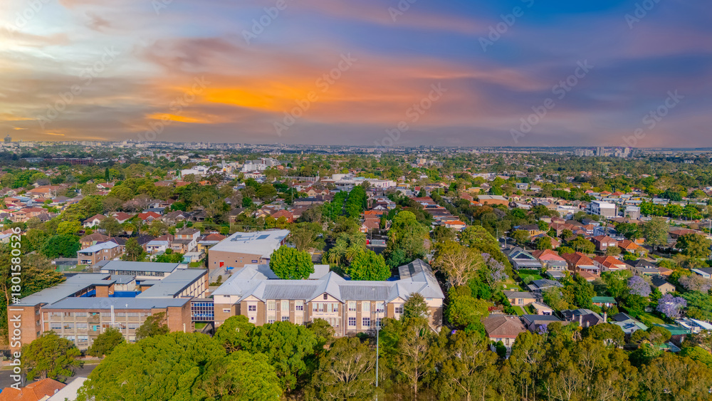 Fototapeta premium Aerial Panorama Drone View of a inner western Sydney Suburb of Ashbury Urban Sprawl and the terracotta roof tops streets and trees of Suburban Sydney NSW Australia