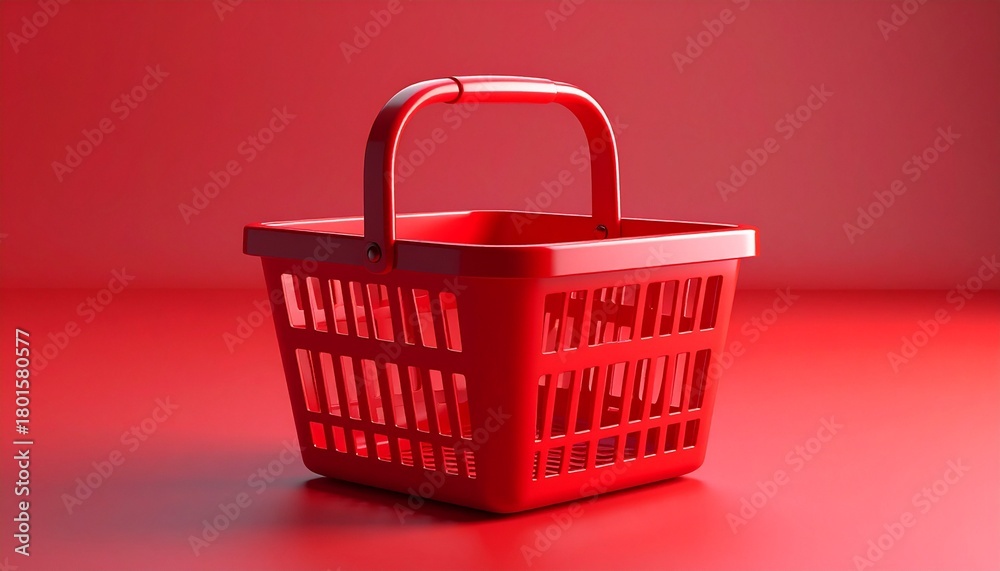 Fototapeta premium Red plastic shopping basket on red surface and background, angled view, minimal monochrome composition.