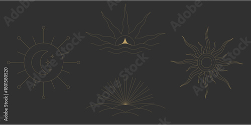 Sun line boho sunrise gold logo icon art moon sunburst create a soft graphic. It forms a symbol for yoga and beach style. A modern celestial emblem.
