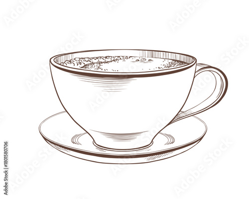 Classic wide porcelain cup with Americano coffee and light foam,elegant handle on saucer as a piece of kitchen utensils and symbol of coffee drinking.Vector illustration in line art