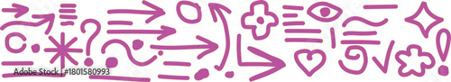 Collection of pink hand drawn arrows and abstract symbols on white background