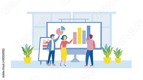 Diverse team of employees collaborating and discussing ideas in a modern office setting presented as a flat vector illustration for business and teamwork concepts
