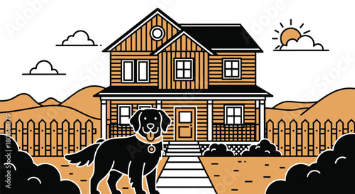 Illustration of house with dog fence sun clouds and mountain landscape
