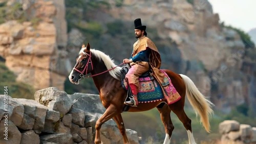 A man in traditional, historical attire, including a tall black hat and an embroidered coat, is sitting on a brown horse, riding it slowly across a dusty, open landscape with mountains in the backgrou