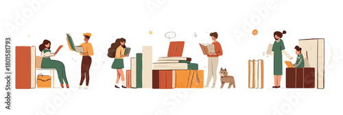 People reading books indoors diverse group adults and children with stacked books and cat minimalist flat vector illustration
