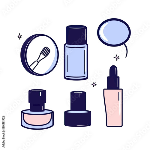 Flat minimalist vector illustration of various cosmetic containers including cream jar, serum bottle, lipstick, and cotton pad with applicator brush for beauty care products design
