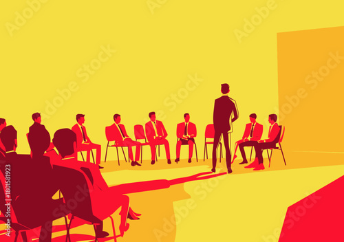 Business seminar training session with presenter and seated audience in formal suits minimalist flat vector illustration